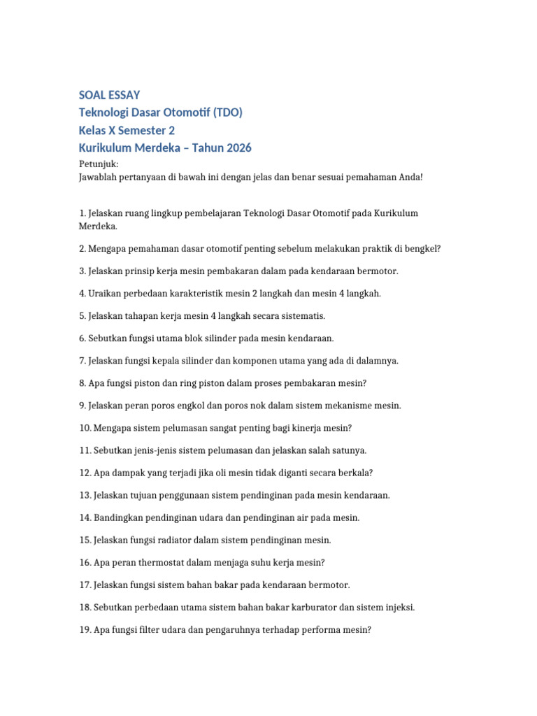 Soal Essay TDO Kelas X Kurikulum 2026 PDF