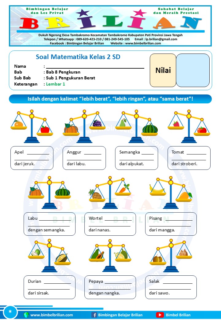 Soal Pengukuran Berat Kelas 2 SD Lembar 1 Lembar 2 dan Lembar 3