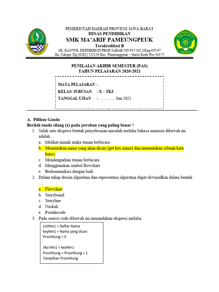 Soal Pemrograman Dasar Kelas 10 TKJ PDF