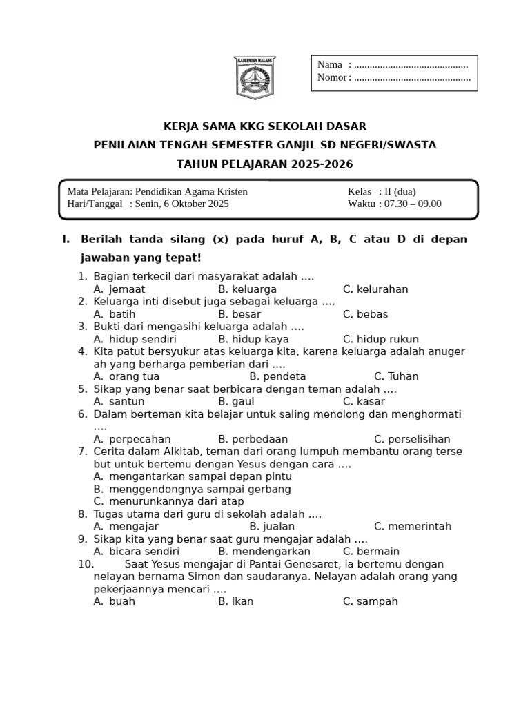Soal Pend Agama Kristen Kelas 2 PDF Soal Pend Agama Kristen Kelas 2 PDF