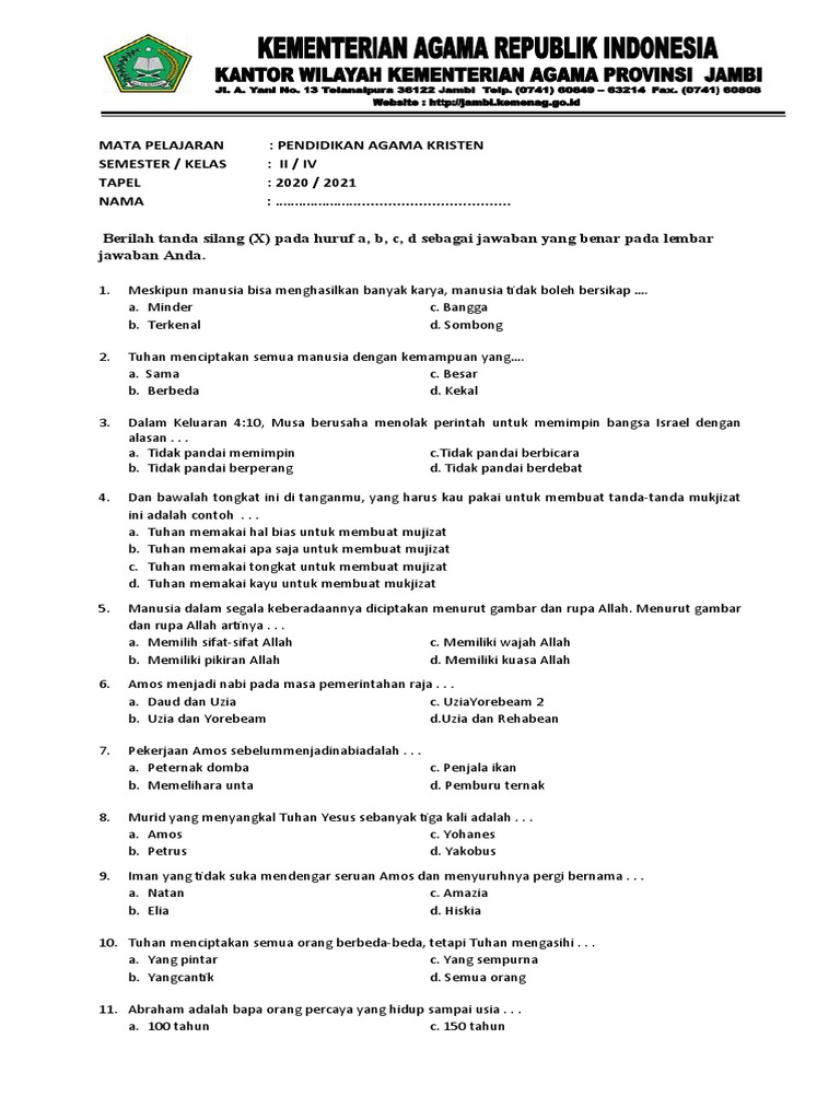 Soal Agama Kristen Kelas 2 Semester 2 PDF