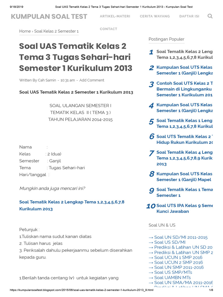 Soal UAS Tematik Kelas 2 Tema 3 Tugas Sehari-Hari Semester 1 Kurikulum