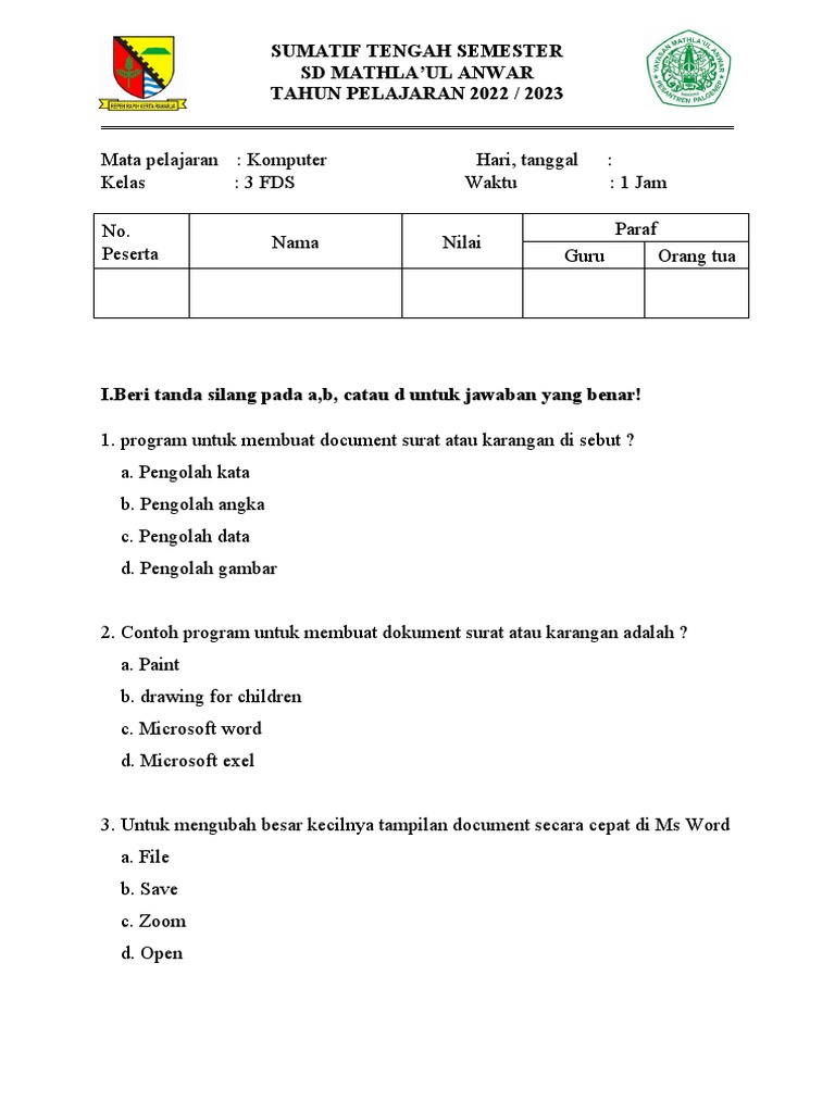 Soal UTS Komputer Kelas 3 SD PDF
