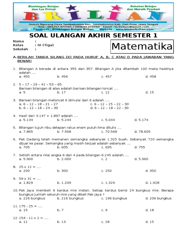 Soal Ulangan Matematika Kelas 3 Semester 1 PDF