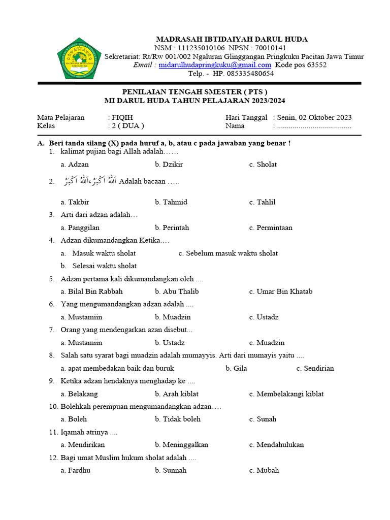 Soal Fiqih Kelas 2 Adzan dan Iqamah PDF