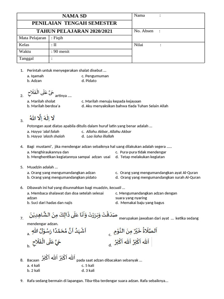 Soal Fiqih Kelas 2 Adzan dan Iqamah PDF