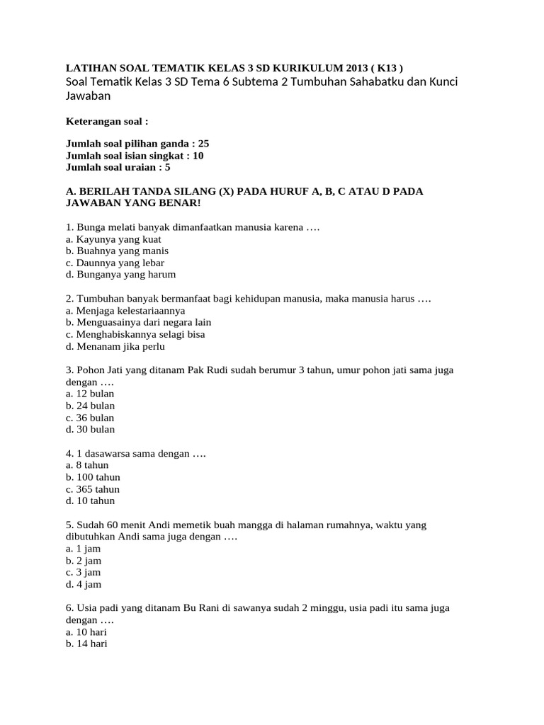 Soal Tematik Kelas 3 SD K13 Tumbuhan PDF