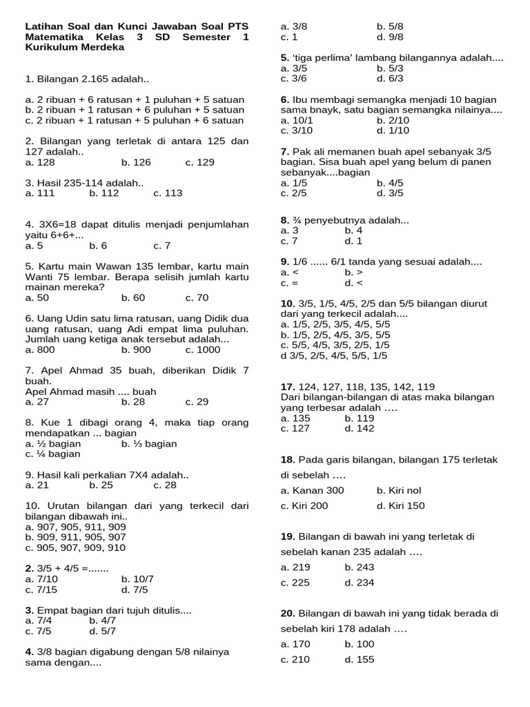 Latihan Soal Dan Kunci Jawaban Soal PTS Matematika Kelas 3 SD Semester Latihan Soal Dan Kunci Jawaban Soal PTS Matematika Kelas 3 SD Semester