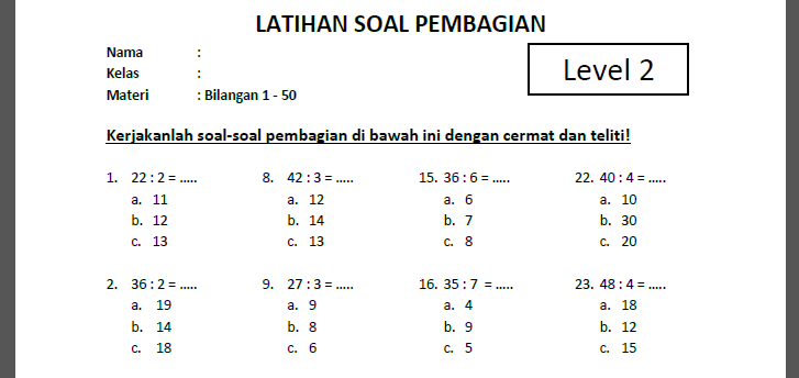 Soal Pembagian Kelas 2 SD Level 2 Bilangan 1 sampai 50 - Bimbel Brilian