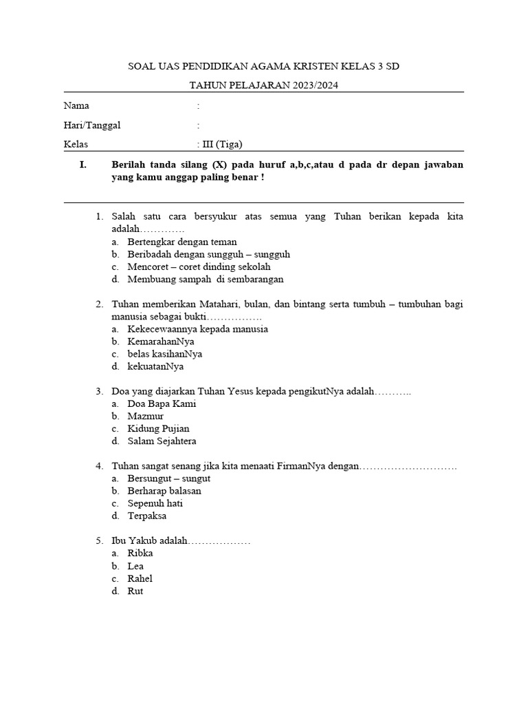Kumpulan Soal UAS Semester 2 Agama Kristen Kelas 3 SD Paling Akurat Agar Nilai Sempurna Kumpulan Soal UAS Semester 2 Agama Kristen Kelas 3 SD Paling Akurat Agar Nilai Sempurna
